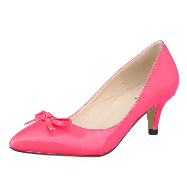 Shoes Sexy 5cm Low Mid Kitten High Heels PU Patent Leather Pointed Toe Work Pumps With Bowknot Wedding Shoe Plus Size