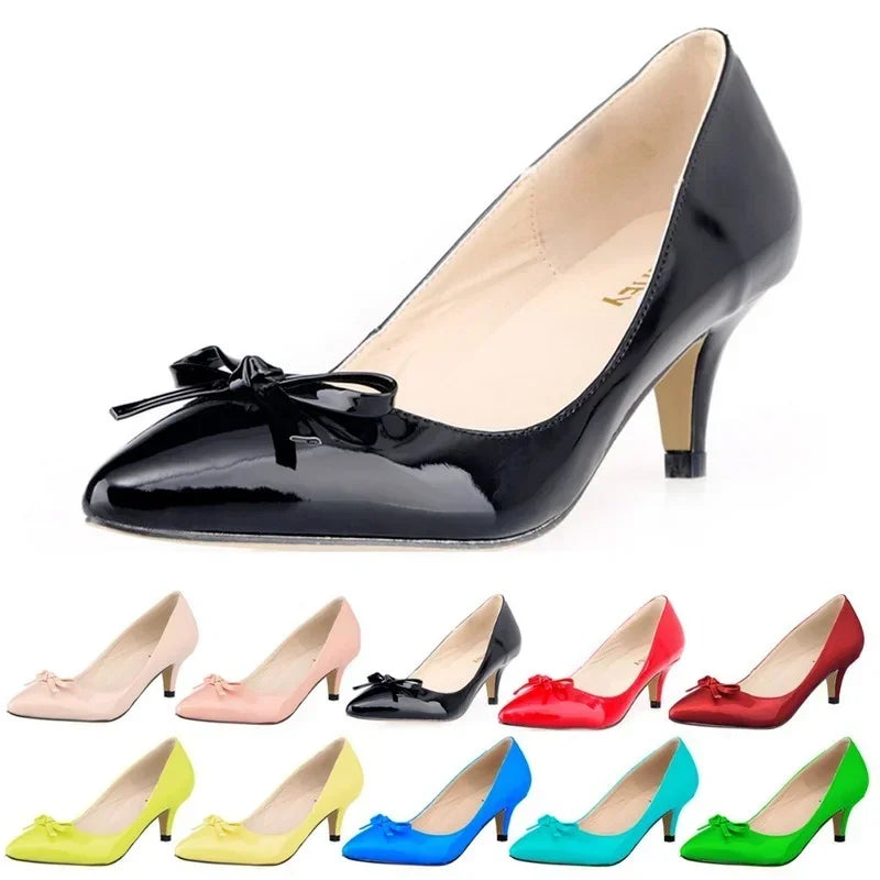 Shoes Sexy 5cm Low Mid Kitten High Heels PU Patent Leather Pointed Toe Work Pumps With Bowknot Wedding Shoe Plus Size