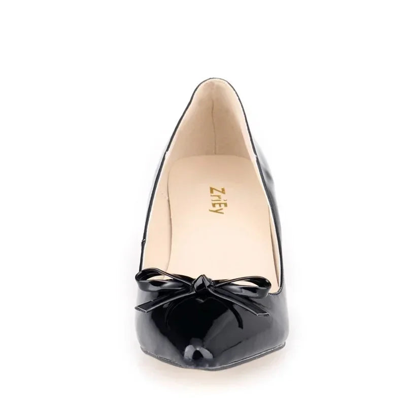 Shoes Sexy 5cm Low Mid Kitten High Heels PU Patent Leather Pointed Toe Work Pumps With Bowknot Wedding Shoe Plus Size