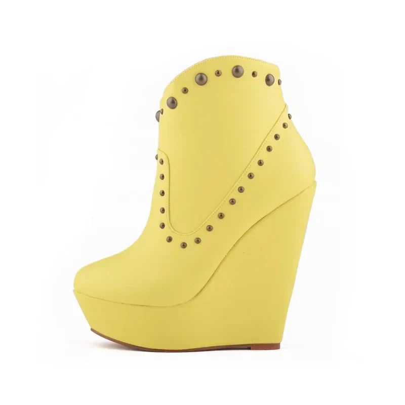 Short Boots Autumn Sexy Rivets Leather Round Toe Chunky Boots Zipper Ankle Boot Female Platform High Heels Shoes