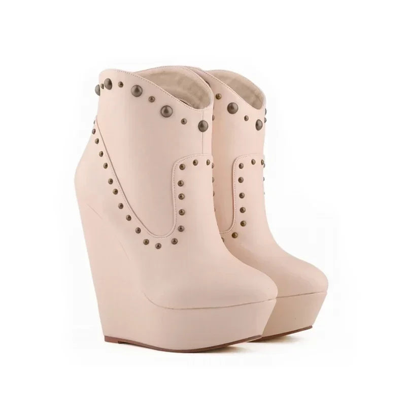 Short Boots Autumn Sexy Rivets Leather Round Toe Chunky Boots Zipper Ankle Boot Female Platform High Heels Shoes