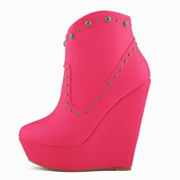 Short Boots Autumn Sexy Rivets Leather Round Toe Chunky Boots Zipper Ankle Boot Female Platform High Heels Shoes