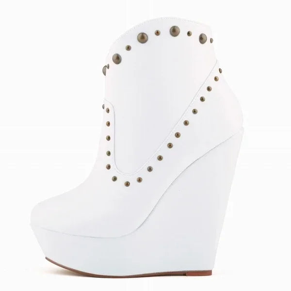 Short Boots Autumn Sexy Rivets Leather Round Toe Chunky Boots Zipper Ankle Boot Female Platform High Heels Shoes