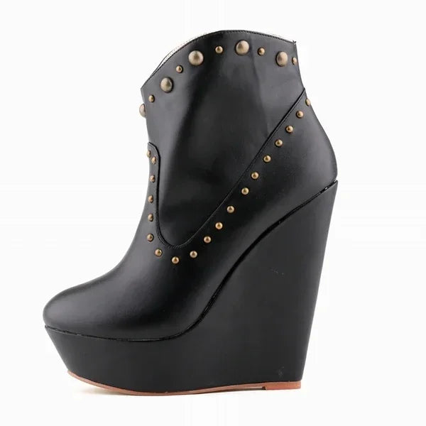 Short Boots Autumn Sexy Rivets Leather Round Toe Chunky Boots Zipper Ankle Boot Female Platform High Heels Shoes