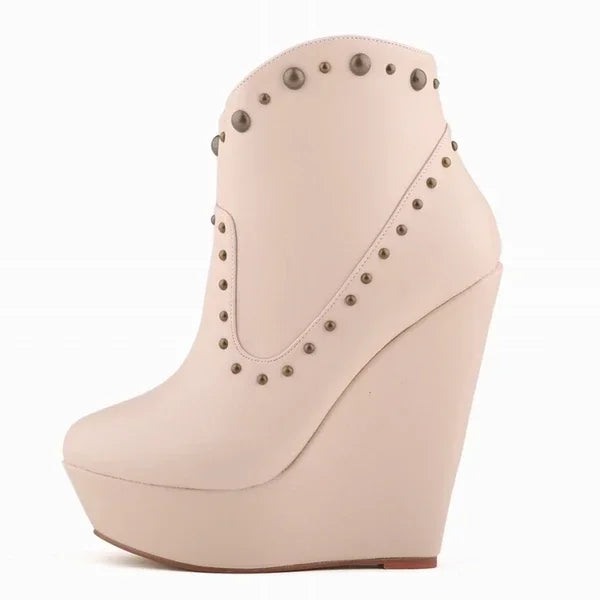 Short Boots Autumn Sexy Rivets Leather Round Toe Chunky Boots Zipper Ankle Boot Female Platform High Heels Shoes