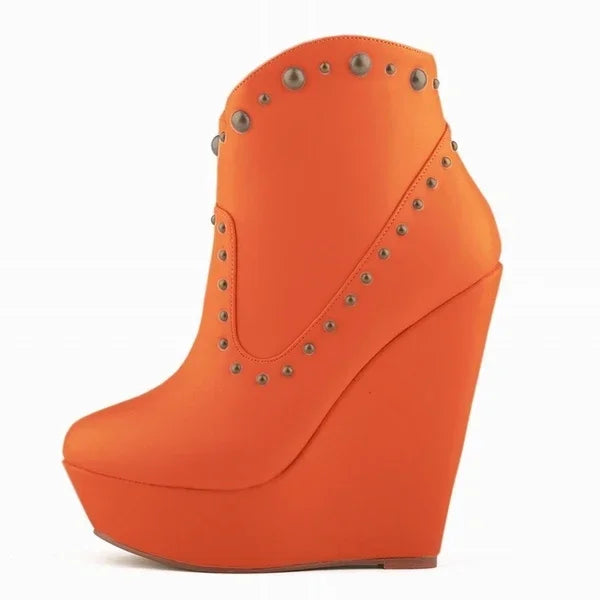 Short Boots Autumn Sexy Rivets Leather Round Toe Chunky Boots Zipper Ankle Boot Female Platform High Heels Shoes