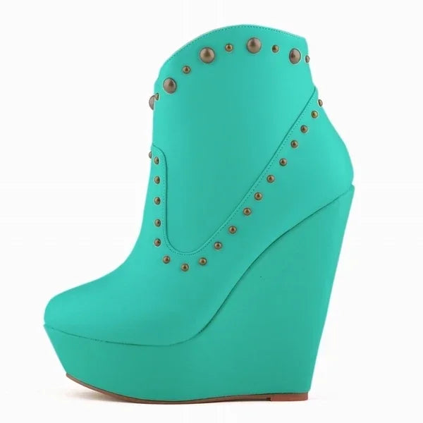 Short Boots Autumn Sexy Rivets Leather Round Toe Chunky Boots Zipper Ankle Boot Female Platform High Heels Shoes