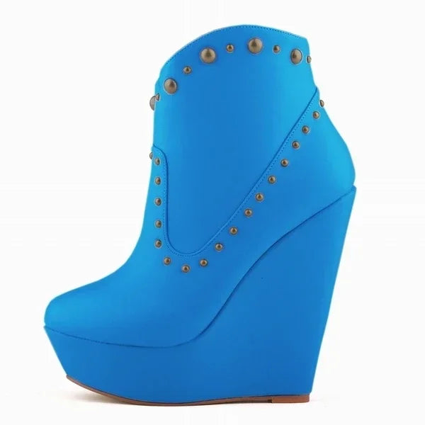 Short Boots Autumn Sexy Rivets Leather Round Toe Chunky Boots Zipper Ankle Boot Female Platform High Heels Shoes