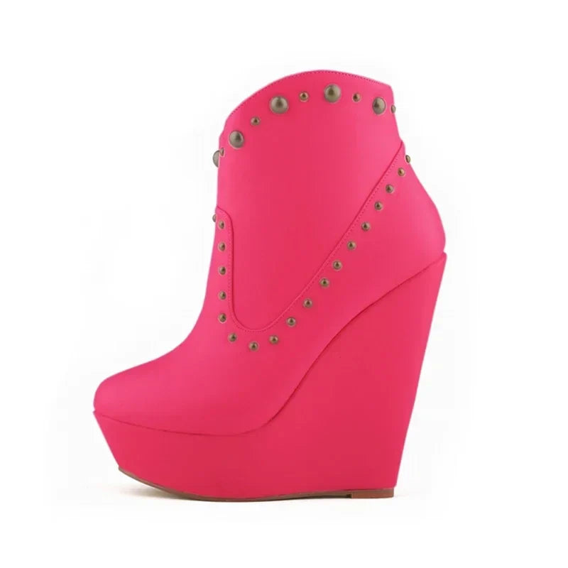 Short Boots Autumn Sexy Rivets Leather Round Toe Chunky Boots Zipper Ankle Boot Female Platform High Heels Shoes