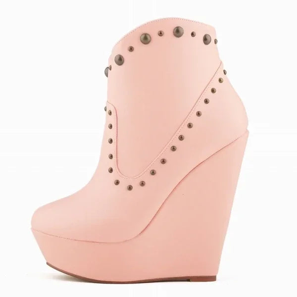 Short Boots Autumn Sexy Rivets Leather Round Toe Chunky Boots Zipper Ankle Boot Female Platform High Heels Shoes