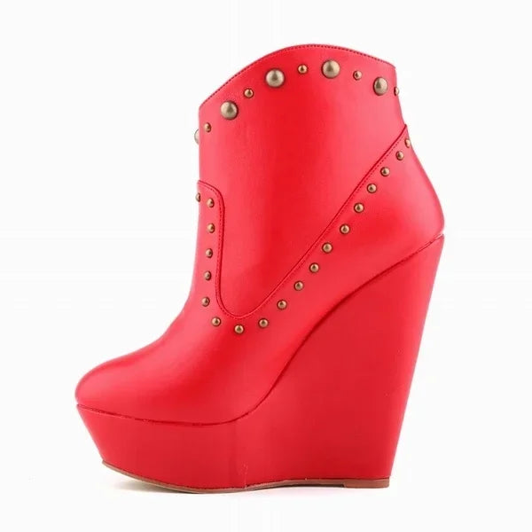 Short Boots Autumn Sexy Rivets Leather Round Toe Chunky Boots Zipper Ankle Boot Female Platform High Heels Shoes