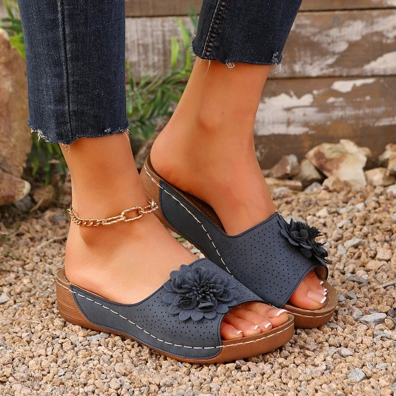 Slippers Woven Flower Sandals Wedge Slippers Beach Casual Sports Shoes Peep Toe Slides Women