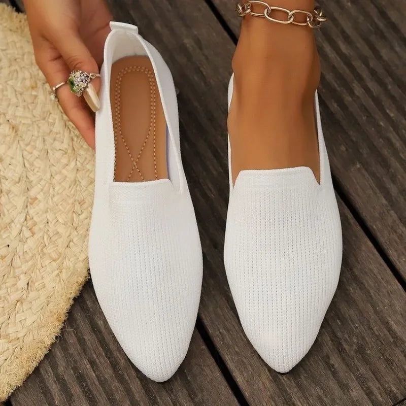 Solid Color Pointed Head Mesh Loafers Shallow Woman Soft Bottom Knit Ballet Flat Shoes Female Casual Slip on Boat Shoes