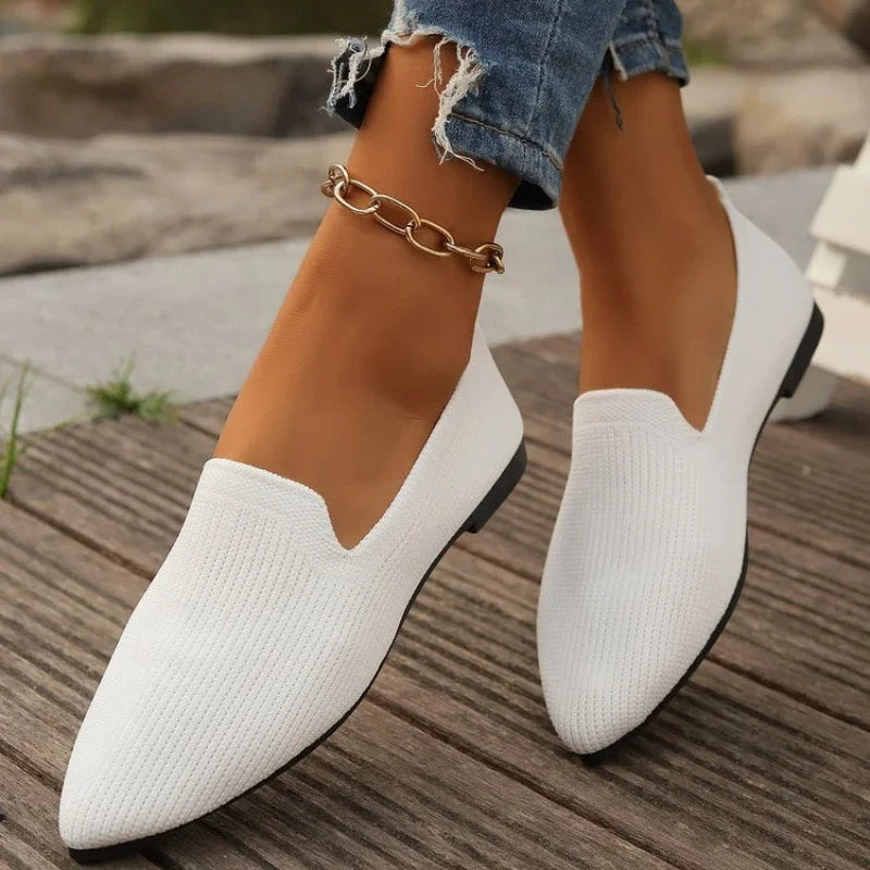 Solid Color Pointed Head Mesh Loafers Shallow Woman Soft Bottom Knit Ballet Flat Shoes Female Casual Slip on Boat Shoes