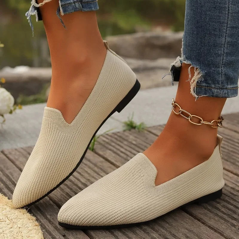 Solid Color Pointed Head Mesh Loafers Shallow Woman Soft Bottom Knit Ballet Flat Shoes Female Casual Slip on Boat Shoes