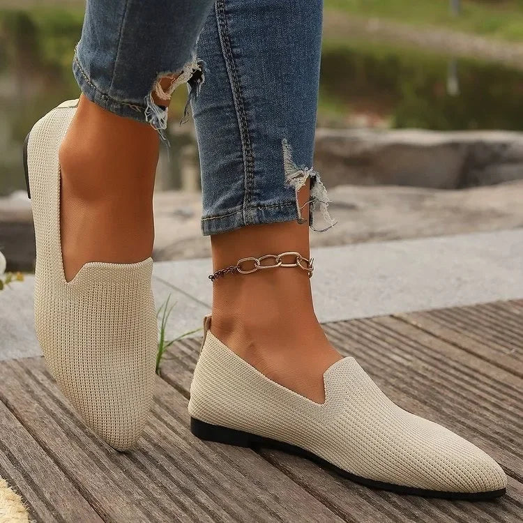 Solid Color Pointed Head Mesh Loafers Shallow Woman Soft Bottom Knit Ballet Flat Shoes Female Casual Slip on Boat Shoes