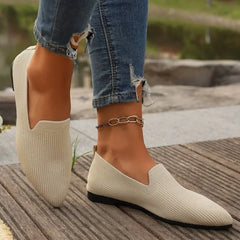 Solid Color Pointed Head Mesh Loafers Shallow Woman Soft Bottom Knit Ballet Flat Shoes Female Casual Slip on Boat Shoes