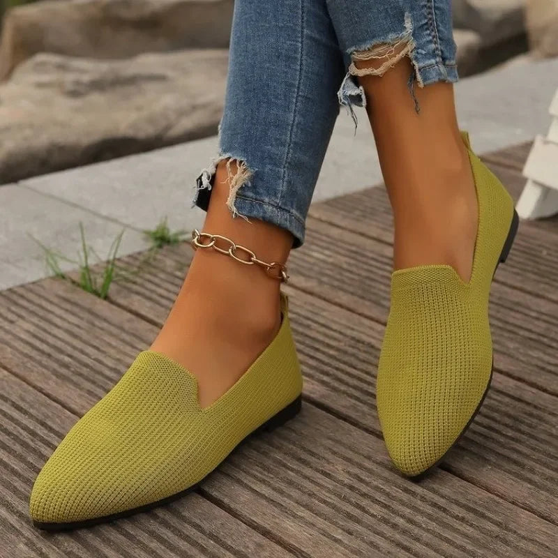 Solid Color Pointed Head Mesh Loafers Shallow Woman Soft Bottom Knit Ballet Flat Shoes Female Casual Slip on Boat Shoes