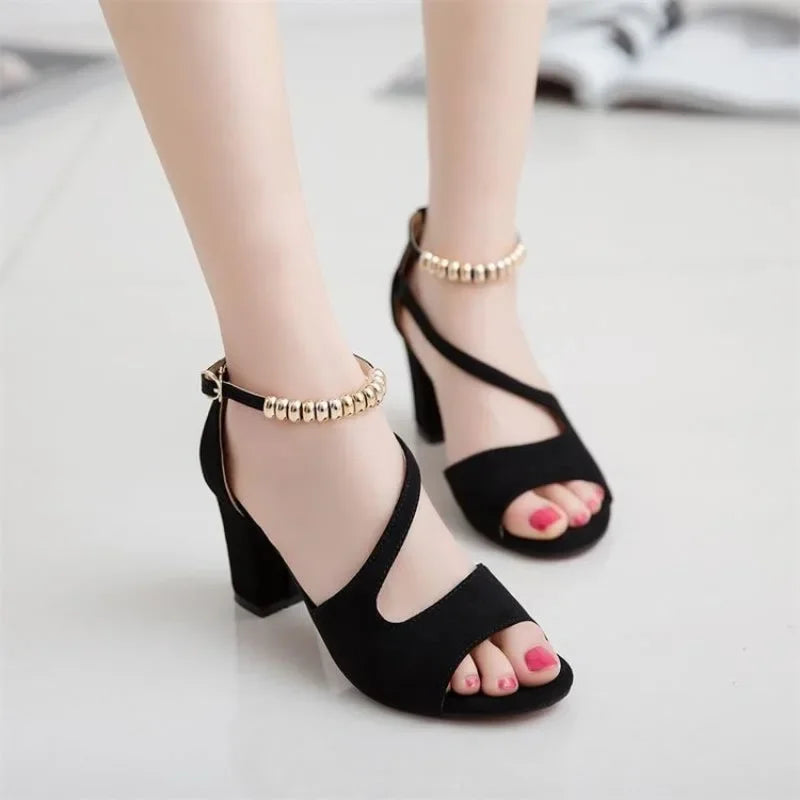 Suede High Heeled Shoes Woman Open Toe Sandals Beaded Buckle Solid High Heel Sandals Zapatos Mujer