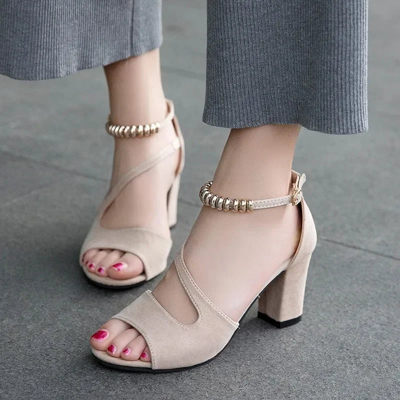 Suede High Heeled Shoes Woman Open Toe Sandals Beaded Buckle Solid High Heel Sandals Zapatos Mujer