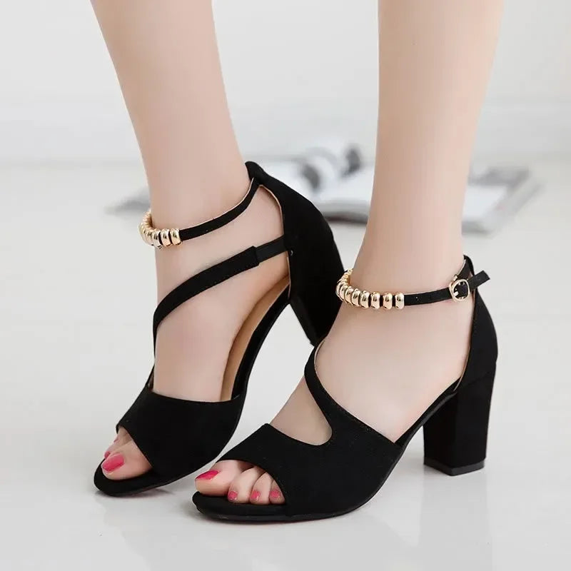 Suede High Heeled Shoes Woman Open Toe Sandals Beaded Buckle Solid High Heel Sandals Zapatos Mujer