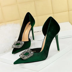 Super High Heels Velvet Pumps Shallow Mouth Pointed Toe Side Hollow Mental Rhinestone Crystal Buckle  Purple Shoes