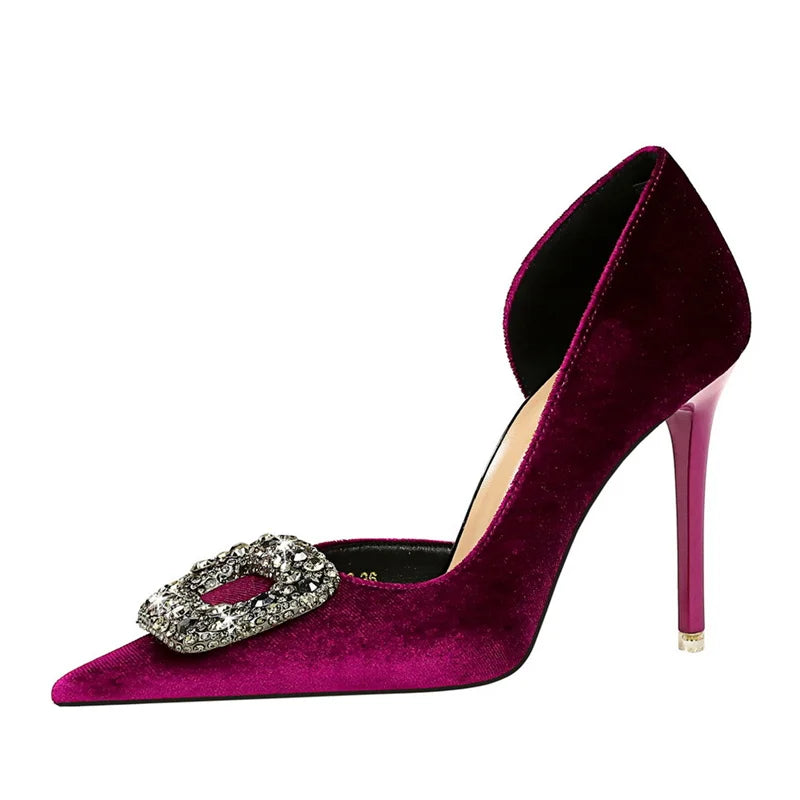 Super High Heels Velvet Pumps Shallow Mouth Pointed Toe Side Hollow Mental Rhinestone Crystal Buckle  Purple Shoes