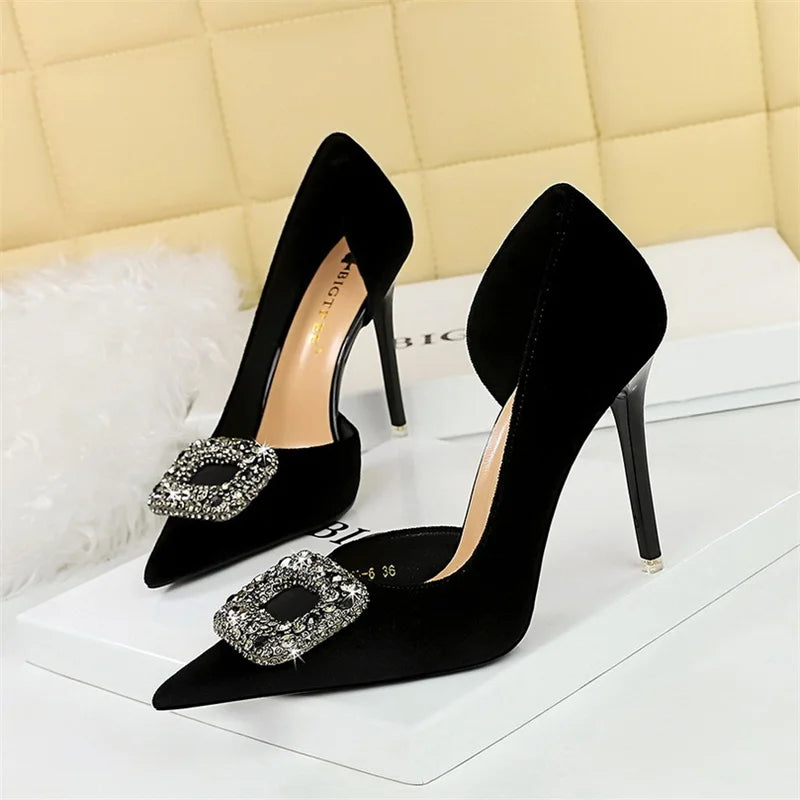Super High Heels Velvet Pumps Shallow Mouth Pointed Toe Side Hollow Mental Rhinestone Crystal Buckle  Purple Shoes