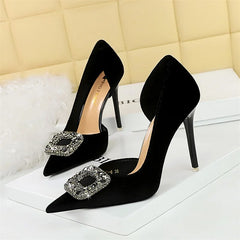 Super High Heels Velvet Pumps Shallow Mouth Pointed Toe Side Hollow Mental Rhinestone Crystal Buckle  Purple Shoes