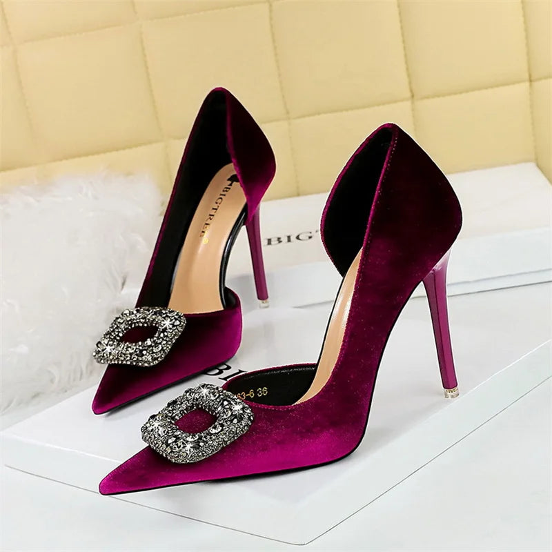 Super High Heels Velvet Pumps Shallow Mouth Pointed Toe Side Hollow Mental Rhinestone Crystal Buckle  Purple Shoes