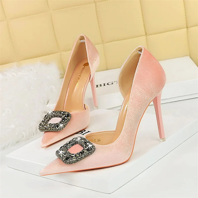 Super High Heels Velvet Pumps Shallow Mouth Pointed Toe Side Hollow Mental Rhinestone Crystal Buckle  Purple Shoes