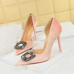 Super High Heels Velvet Pumps Shallow Mouth Pointed Toe Side Hollow Mental Rhinestone Crystal Buckle  Purple Shoes
