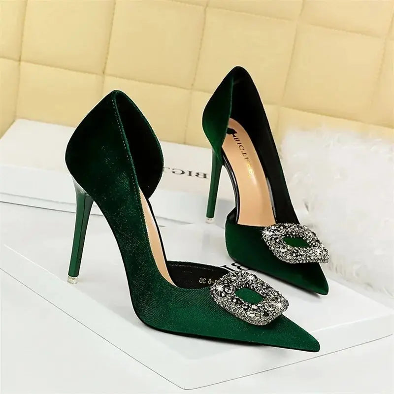 Super High Heels Velvet Pumps Shallow Mouth Pointed Toe Side Hollow Mental Rhinestone Crystal Buckle  Purple Shoes