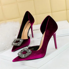 Super High Heels Velvet Pumps Shallow Mouth Pointed Toe Side Hollow Mental Rhinestone Crystal Buckle  Purple Shoes
