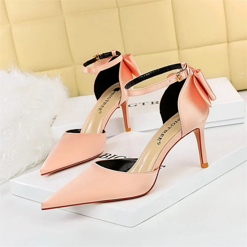 Sweet Pumps Shallow Mouth Pointed Toe Satin Bow Hollow Thin High Heel Red Wedding Buckle Stiletto