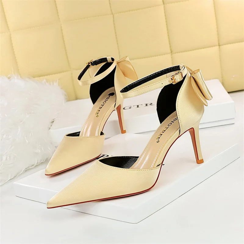 Sweet Pumps Shallow Mouth Pointed Toe Satin Bow Hollow Thin High Heel Red Wedding Buckle Stiletto