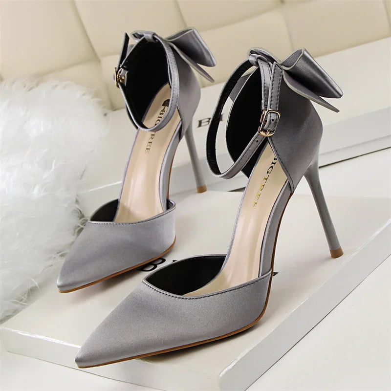 Sweet Pumps Shallow Mouth Pointed Toe Satin Bow Hollow Thin High Heel Red Wedding Buckle Stiletto
