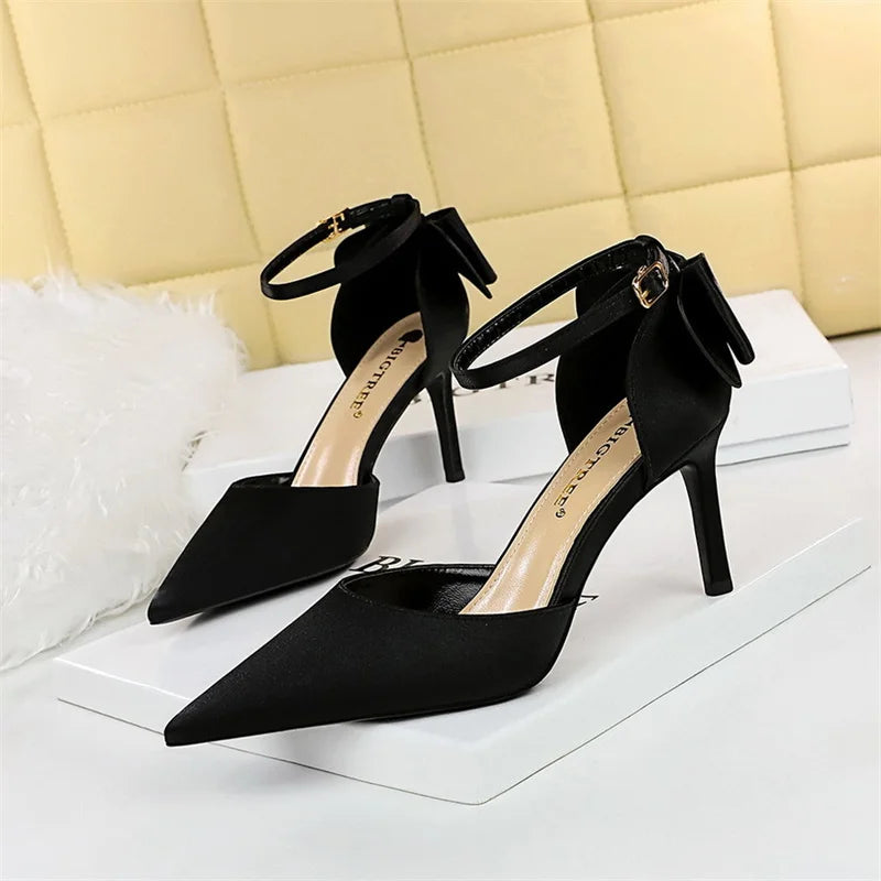 Sweet Pumps Shallow Mouth Pointed Toe Satin Bow Hollow Thin High Heel Red Wedding Buckle Stiletto