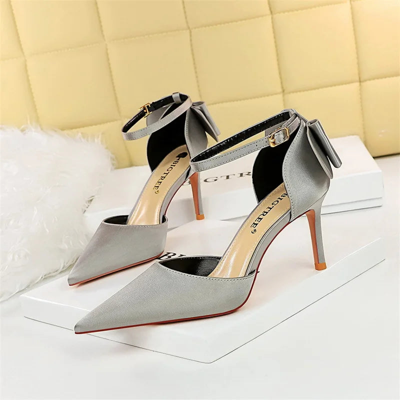 Sweet Pumps Shallow Mouth Pointed Toe Satin Bow Hollow Thin High Heel Red Wedding Buckle Stiletto
