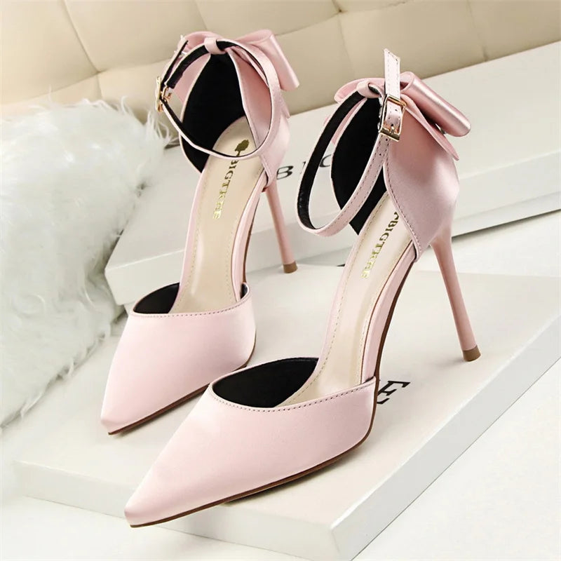 Sweet Pumps Shallow Mouth Pointed Toe Satin Bow Hollow Thin High Heel Red Wedding Buckle Stiletto
