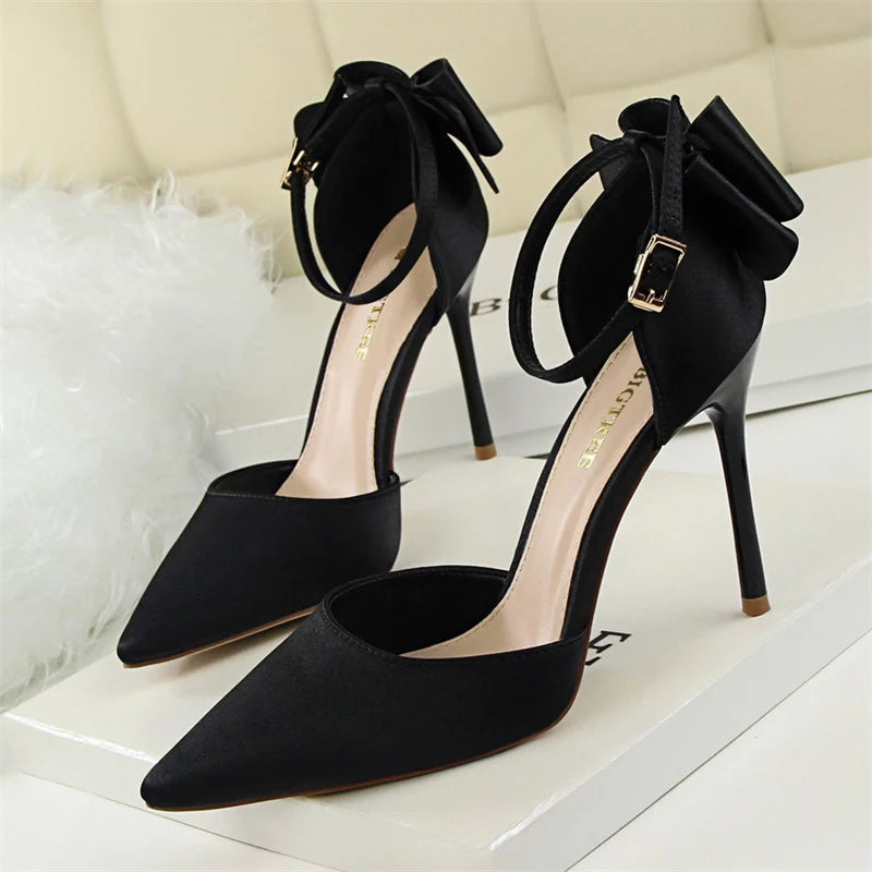 Sweet Pumps Shallow Mouth Pointed Toe Satin Bow Hollow Thin High Heel Red Wedding Buckle Stiletto