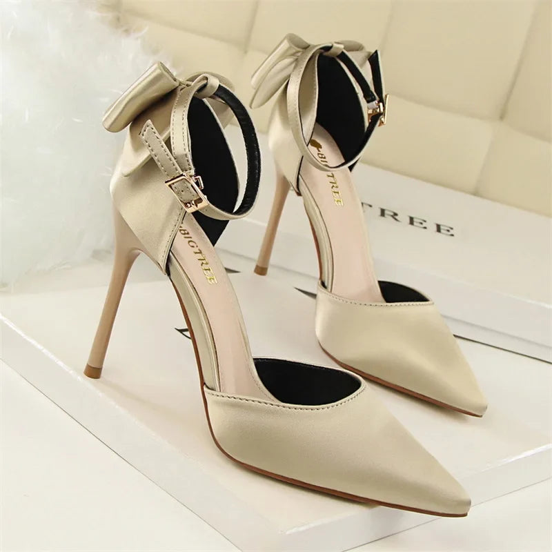 Sweet Pumps Shallow Mouth Pointed Toe Satin Bow Hollow Thin High Heel Red Wedding Buckle Stiletto