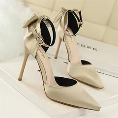 Sweet Pumps Shallow Mouth Pointed Toe Satin Bow Hollow Thin High Heel Red Wedding Buckle Stiletto