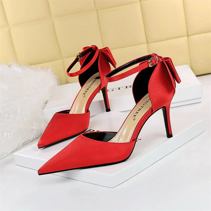 Sweet Pumps Shallow Mouth Pointed Toe Satin Bow Hollow Thin High Heel Red Wedding Buckle Stiletto