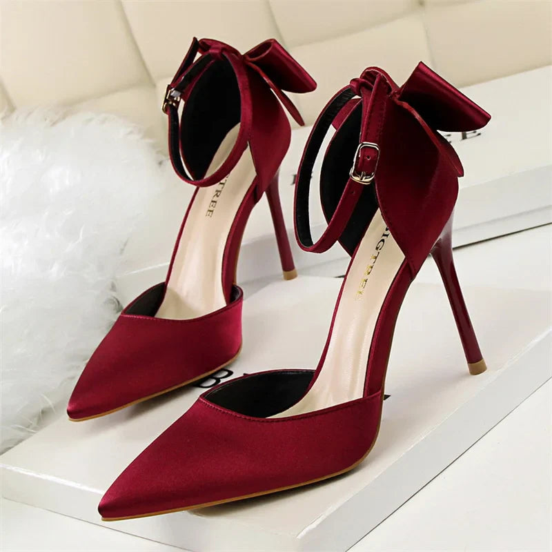 Sweet Pumps Shallow Mouth Pointed Toe Satin Bow Hollow Thin High Heel Red Wedding Buckle Stiletto