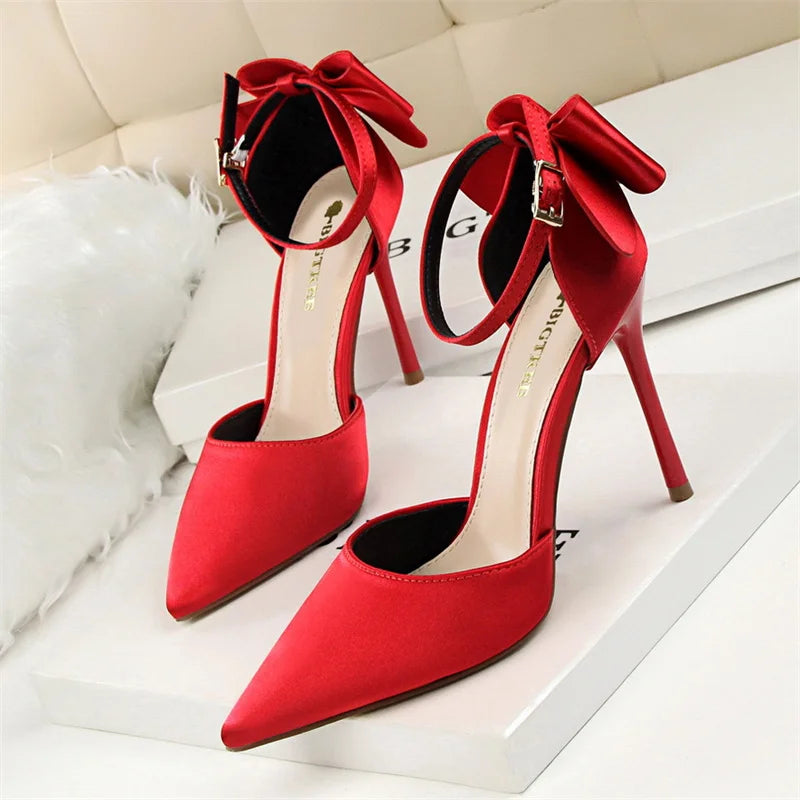 Sweet Pumps Shallow Mouth Pointed Toe Satin Bow Hollow Thin High Heel Red Wedding Buckle Stiletto