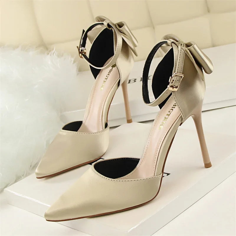 Sweet Pumps Shallow Mouth Pointed Toe Satin Bow Hollow Thin High Heel Red Wedding Buckle Stiletto