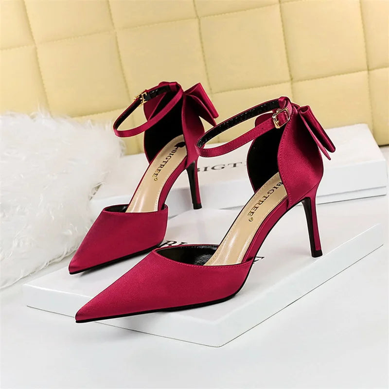 Sweet Pumps Shallow Mouth Pointed Toe Satin Bow Hollow Thin High Heel Red Wedding Buckle Stiletto