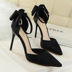 Sweet Pumps Shallow Mouth Pointed Toe Satin Bow Hollow Thin High Heel Red Wedding Buckle Stiletto