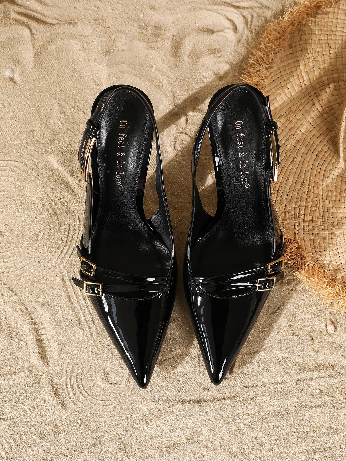 Black Patent Leather Pointed Toe Slingback Stiletto High Heels